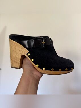 Veronica Beard Dacey Black Suede Studded Wood-Heel Clog Mule